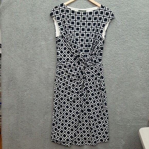 Lauren Ralph Lauren Geometric Print Knot Front Dress Size 12 Navy White - Picture 1 of 7